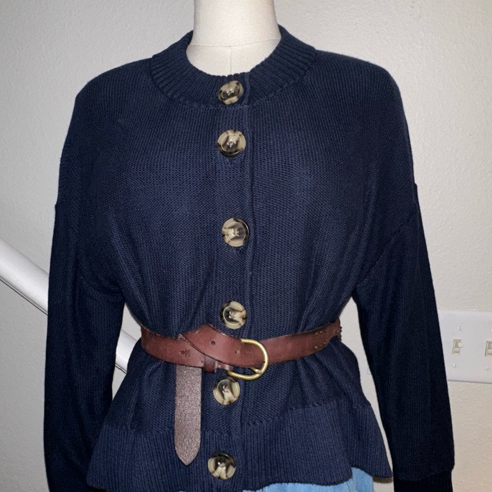 Quince Organic cotton Button Down navy Cropped Cardigan Banded Sleeve collar Sm - Picture 2 of 6